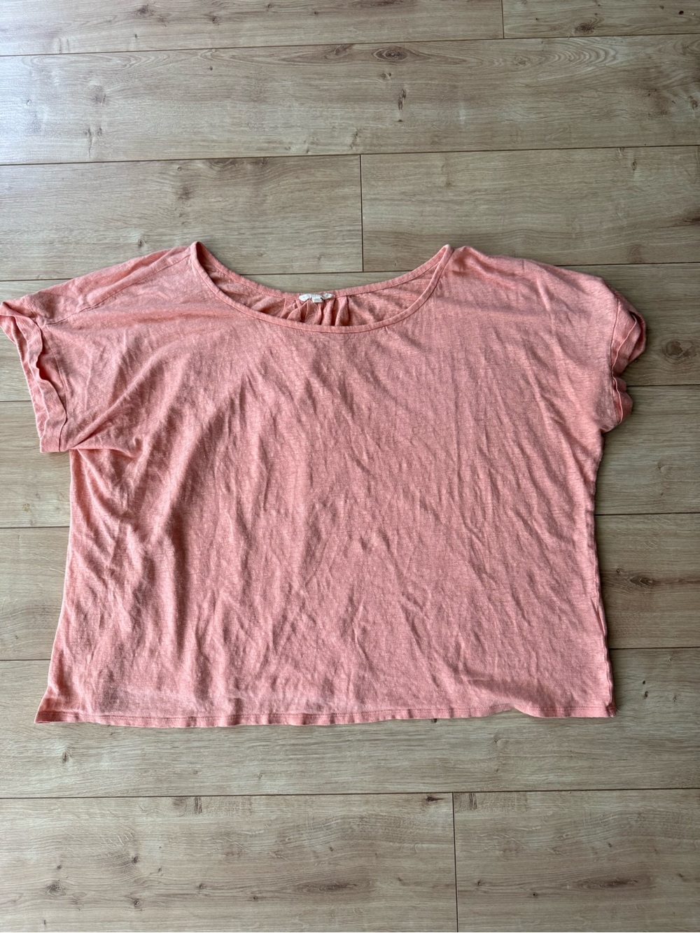 Eileen Fisher Peach Linen Tee XL Pleated Back Short Sleeve Minimalist Top